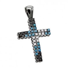 Unique White Blue Black Diamond Cross Pendant 1.5ct in 10K Black Gold Luxury Blue Cross-shaped Jewelry, Blue Diamonds, Diamond Pendants, Hot Jewelry, Luxury Diamonds, Diamond Cross Pendants, Diamond Cross, Mens Pendant, Black Rhodium