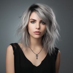 woman with Shag with Dark Roots and Icy Tips hair Shag Hairstyles Side Part, Blond Shag, Wavy Mid Length Hair, Shag Layered Hairstyles, Shag Haircut Ideas, Bob Hairs, Shag Hair, Hair Dye Removal, Blonde Balayage Highlights