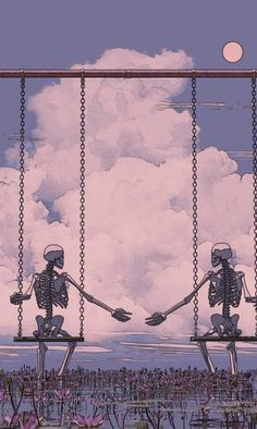 two skeletons sitting on swings in front of a pink sky with clouds and water lilies