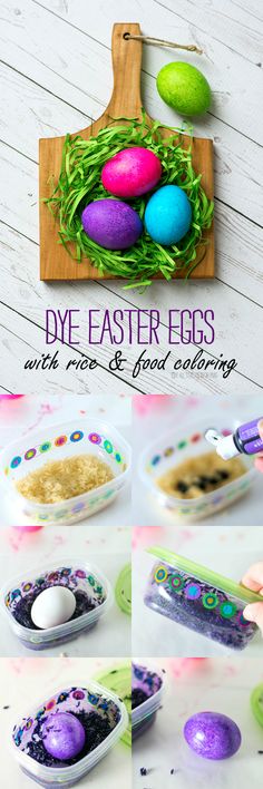 an easter egg hunt with rice and colored eggs