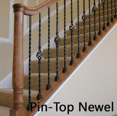 an image of a stair case with the words pin top newel above it