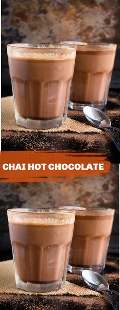 three shots of chocolate pudding in glasses with the words chai hot chocolate on top