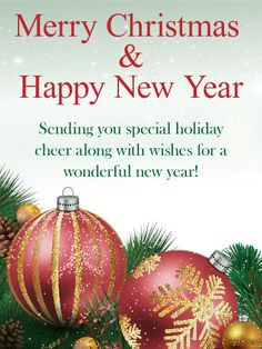 merry christmas and happy new year greeting card with red baubles, pine cones and evergreen branches