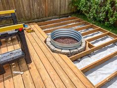 a fire pit sitting on top of a wooden deck