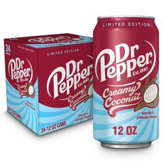 a can of dr pepper creamy coconut soda next to a box of 12oz cans