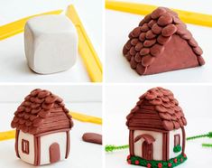 four different pictures of small houses made out of chocolate and marshmallows, including one with a house on the roof