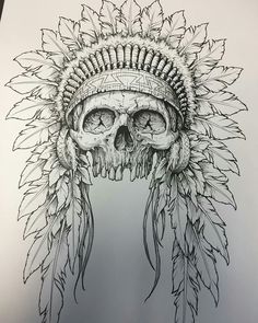 Native American Skeleton Tattoo, Native Skull Tattoo Design, Native American Chief Drawing, Mikmaq Tattoo, Indian Skull Drawing, Skull And Headdress Tattoo, Skull Indian Tattoo, Native Skull Tattoo