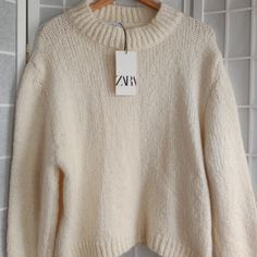 Nwt Very Soft & Comfy Color Vanilla Ice Cream Cream Winter Sweater, Soft Cream Sweater, White Chuncky Sweater, Creme Color Sweater, Neutral Fall Sweaters, Affordable Crew Neck Tops By Zara, Sweaters Neutral, Olive Green Knit Sweater, Black Sweatshirt Women