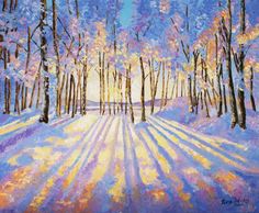 a painting of the sun shining through trees and snow covered ground, with bright colors