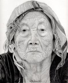 an old woman with wrinkles on her face and head is shown in black and white