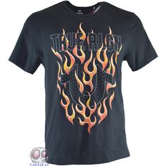 Approximate Measurements: Size: Large Armpit To Armpit: 21" Bottom Of Collar To Hemline: 29" L5-81712 Black Flame Print Top For Streetwear, Casual Black Tops With Flame Print, T Shirt World, True Religion Men, Wholesale Shirts, Thermal Shirt, Red T, Red Tshirt, Tour Shirt