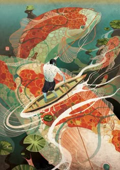 a man riding on the back of a boat in front of two koi fish