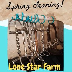 a bunch of scissors are hanging on a rack with the words, spring cleaning lone star farm