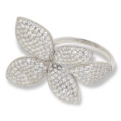 Radiance by Absolute™ 2.80ctw Simulated Diamond Pavé Flower Petal Ring Go beyond the flower shop. Corsage yourself with this Radiance by Absolute bloom. Dewy with lots of simulated diamonds, the ring's simple design is a modern statement style that's fresh-picked for your wardrobe.        Approx. 7/8"L x 1-3/16"W x 1/8"H; shank 1/16"W     Stamped .925 sterling silver; rhodium plating; polished finish    Stone Information       All sizes and weights, including diamond equivalent weights (DE), are Petal Ring, Flower Petal, Signature Jewelry, Rings Simple, Flower Petals, Flower Shop, Pave Diamonds, Simple Design, Fashion Statement