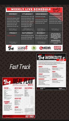 the menu for fast track workouts is shown in red, black and white colors