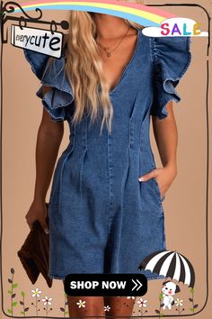 Blue Ruffle Pleated Denim Romper with Pockets Spring Denim Jumpsuits And Rompers With Ruffles, Casual Ruffled Overalls For Spring, Casual Ruffled Denim Jumpsuit For Spring, Summer Denim Jumpsuit With Ruffles, Blue Denim Jumpsuit With Ruffles, Casual Ruffled Overalls For Summer, Short Sleeve Dark Wash Overalls For Spring, Casual Denim Jumpsuit With Ruffles, Casual Cotton Jumpsuits And Rompers With Ruffles