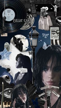 a collage of various items including a woman's face, hair and clothes