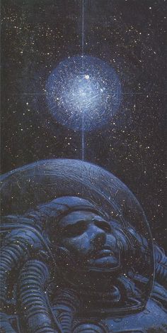 an alien head is shown in front of a star filled sky