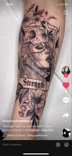 a person with a tattoo on their arm and the words strength written in black ink