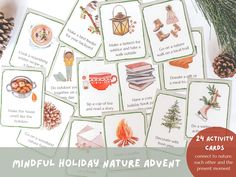 the mindful holiday nature adventure cards are on display with pine cones and other items