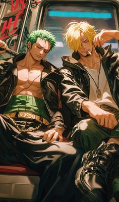 two anime characters sitting next to each other