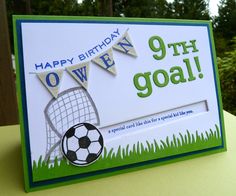 a birthday card with a soccer ball and goal on it that says happy birthday owen 9 th goal