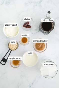 ingredients to make an ice cream recipe on a marble counter top