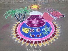 a colorful design on the ground in front of a building