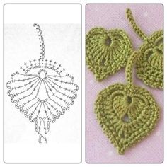 three crocheted hearts are shown next to each other, and one has an ornament in the shape of a heart