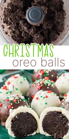 christmas oreo balls with chocolate frosting and sprinkles in the middle