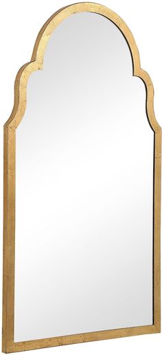 a mirror with an arch shaped frame and gold trimming on the bottom, against a white background