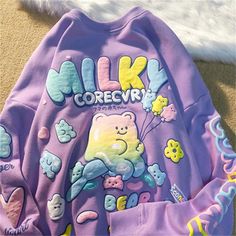 100% Brand New and High Quality  Material: Polyester, Cotton  Size:  As shown on size chart Pastel Cupcakes, Harajuku Sweatshirt, Purple T Shirts, Zooey Deschanel, Really Cute Outfits, Bear Print, Kawaii Clothes, Cute Sweaters, Oversized Sweatshirt