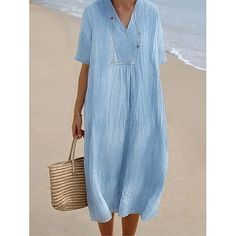 Season:Summer,Spring; Fabric:Cotton; Sleeve Length:Short Sleeve; Look After Me:Machine wash; Gender:Women's; Style:Basic,Modern; Elasticity:Inelastic; Occasion:Daily,Weekend; Fit Type:Loose Fit; Dresses Type:Cotton Summer Dress,Casual Dress; Pattern:Plain; Neckline:V Neck; Front page:FF; Listing Date:03/14/2024; Production mode:External procurement; 2024 Trends:2023; Bust:; Length:; Fit US Size:null; Fit UK Size:null; Fit EU Size:null; Dress Length Type:Midi Dress; Print Type:non-printing Robes Glamour, Airy Dress, Cotton Linen Dresses, Solid Color Dress, Linen Skirt, Vintage Glamour, Dress Elegant, Flowy Dress, Spring 2024