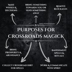 a black and white poster with the words purposess for crossroads magick on it