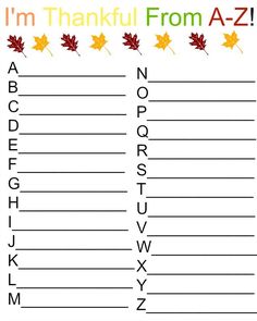 i'm thanksgiving from a - z printable worksheet with leaves and letters