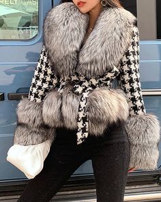 Fox Fur Jacket, Wool Coats, Houndstooth Jacket, Fox Fur Coat, Belted Jacket, White Houndstooth, Tweed Fabric, Winter Coats Jackets, Real Fur