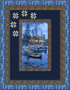 a painting of a boat in the water with stars on it's border and a house at night