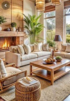 a living room filled with furniture and a fire place in the middle of it's wall