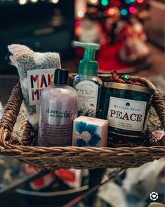 a wicker basket filled with personal care items