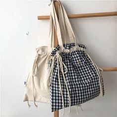 UAKISS  -  Korean Ins Simple Girls Canvas Bag Japanese Chic Y2k Aesthetic Casual Tote Bags Drawstring Pleated Shoulder Handbags for Women Drawstring Tote Bag, Chic Y2k, Canvas Bag Design, Plaid Tote Bag, Tote Bag With Pockets, Sac Diy, Plaid Tote, Drawing Bag, Diy Bag Designs