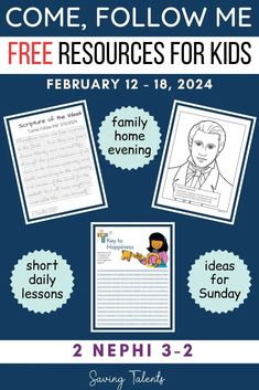 a poster with the words come follow me, free resources for kids in blue and white