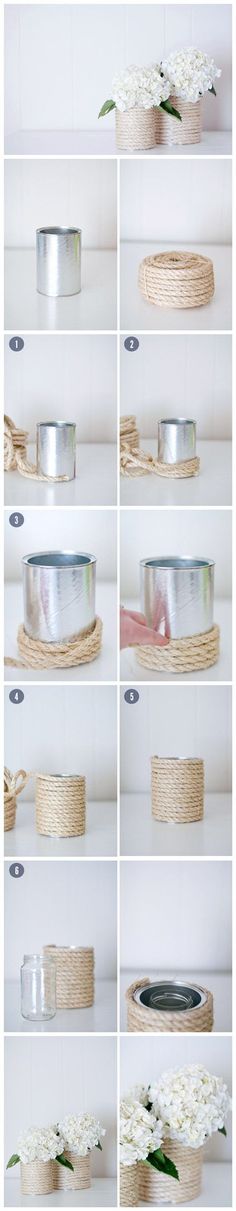 how to make a rope wrapped candle holder with tin cans and twine on top