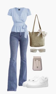 Outfits For Bootcut Jeans, Casual London Outfits Summer, White And Blue Outfit, 1st Date Outfit, Outfit Color Combinations, Indian College Outfits, Light Blue Pants Outfit, Simple Casual Outfits