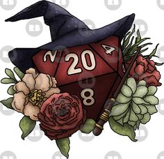 a drawing of a wizard's hat on top of a d20 dice surrounded by flowers