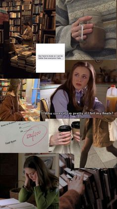 the collage shows people and books in different scenes, including one woman holding a coffee cup