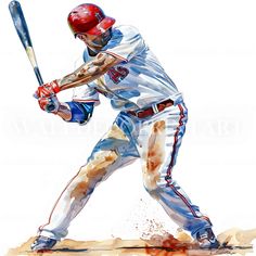 a painting of a baseball player holding a bat in his hand and hitting the ball