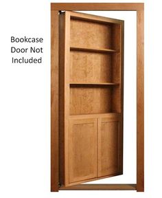 an open bookcase door not included with the text above it that reads,'bookcase door not included '