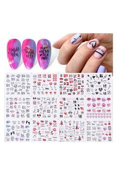 12 Sheets Valentines Nail Art Stickers Heart Love Water Transfer Nail Decals Valentine&#39;s Day Nail Art Decoration Supplies Lips Lipstick Valentines Nail Design for Women Girls Abstract Girl Face, Comic Book Nails, Letters Flowers, Manicure Art, Water Tattoo, Abstract Girl, Geometry Tattoo, Leopard Print Nails, Nail Art Decals