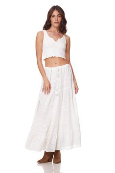 Serenity Embroidered Maxi Skirt Natural Adjustable With Ties at Waist Color: Natural Sizes One Size, Fits Size 2 to 10 100% Indian Cotton With a Lining Made in India Bohemian Floral Embroidered Skirt For Vacation, Bohemian Floral Embroidery Skirt For Vacation, Bohemian Embroidered Skirt For Vacation, Bohemian Bottoms With Embroidered Hem, Bohemian Long Skirt With Floral Embroidery, Bohemian Flowy Skirt With Floral Embroidery, Embroidered Hem Flowy Long Skirt, Tiered Skirt With Floral Embroidery, Flowy Tiered Skirt With Floral Embroidery