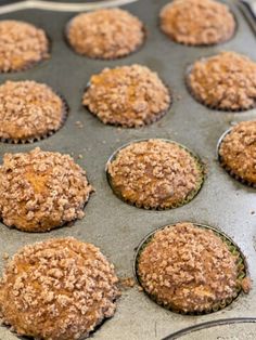 muffins with crumbs in a baking pan ready to go into the oven